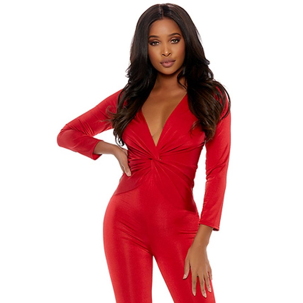 Knotted Capri Jumpsuit with Plunging Neckline - Red